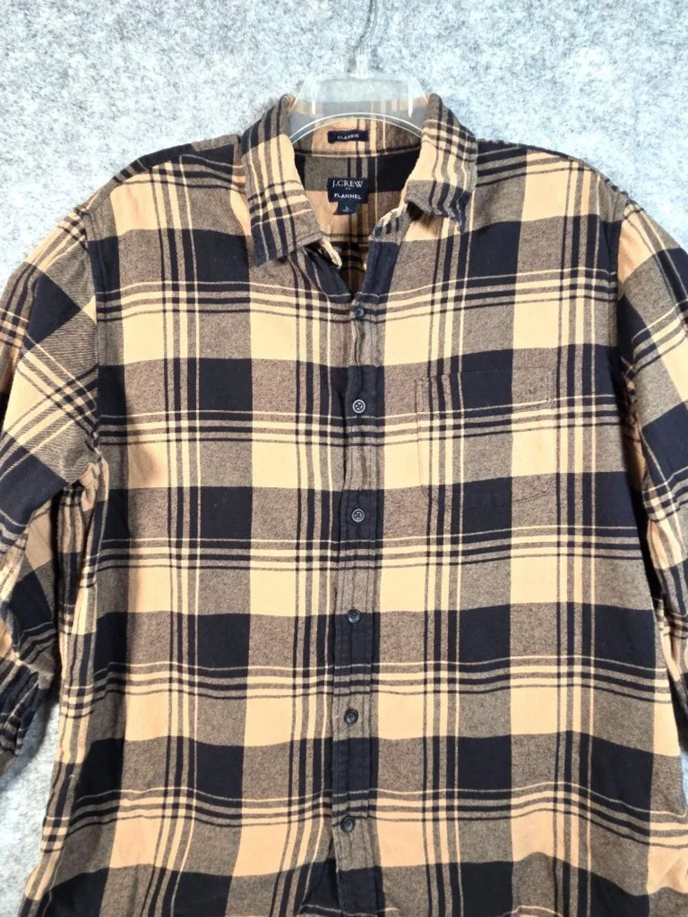 J.Crew Men's Flannel Shirt Large Tan Black Tan Plaid Button Down Cabin Gorpcore